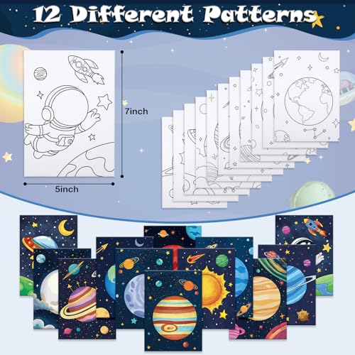 Anseal 12 Packs Planet Pre Drawn Canvas to Paint, Pre Printed Canvas for Adults, Space Planet Party Favors, Pre Stretched Canvas Outline Painting Boards for Beginners, Party Favor - Image 2