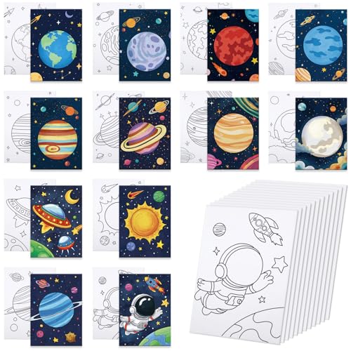 Anseal 12 Packs Planet Pre Drawn Canvas to Paint, Pre Printed Canvas for Adults, Space Planet Party Favors, Pre Stretched Canvas Outline Painting Boards for Beginners, Party Favor - Image 1