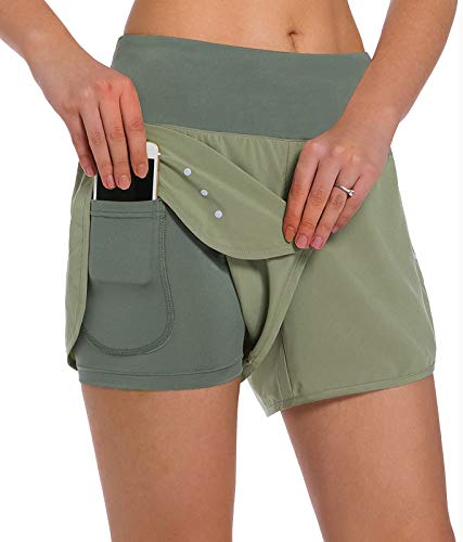 Ksmien Women's 2 in 1 Running Shorts - Lightweight Athletic Workout Gym Yoga Shorts Liner with Phone Pockets Green - Image 1
