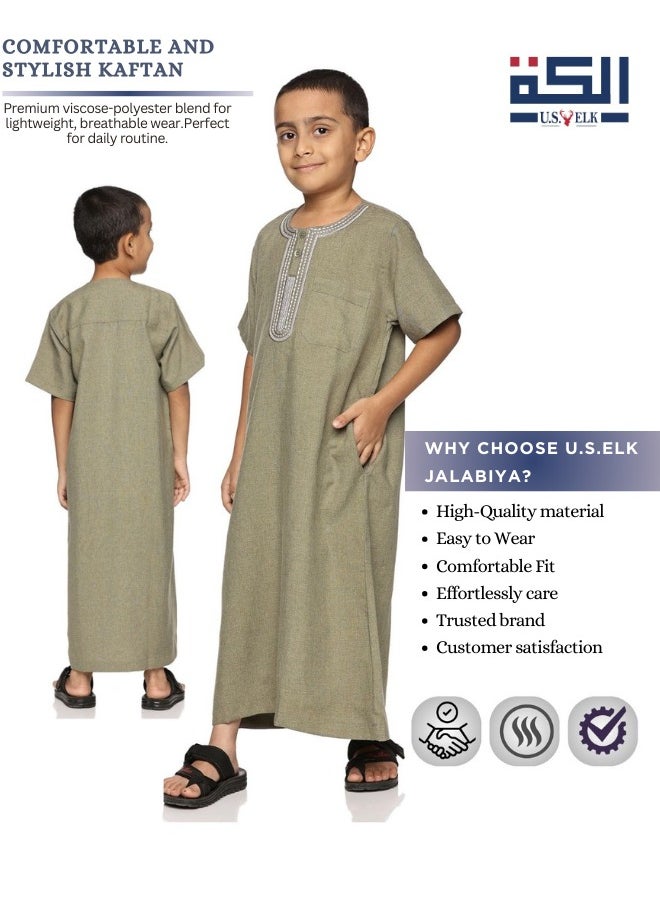 U.S. ELK Boys' Round Neck Short Sleeve Jalabiya | Comfortable and Stylish Kaftan-Inspired Thobe   - Mix Color 1  - Image 3