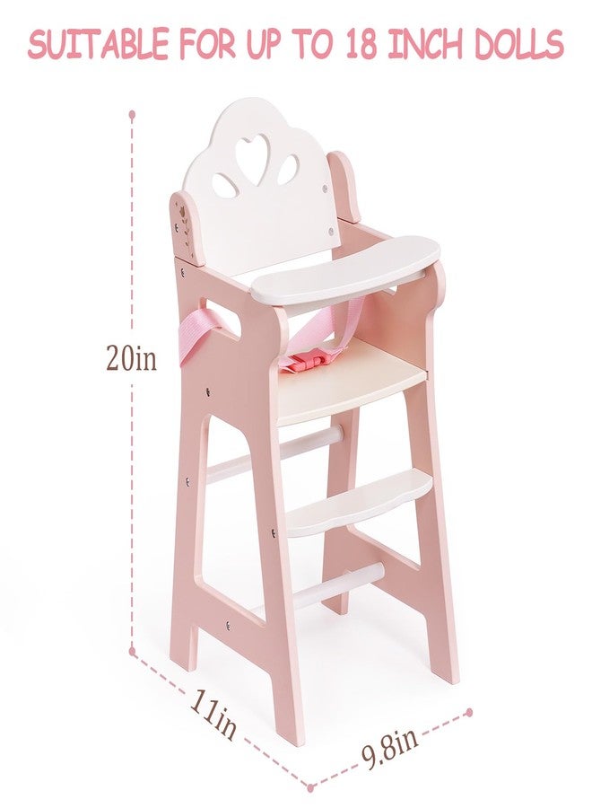 ROBOTIME High Chair for Pretend Play, Wooden Baby Doll Furniture with Safety Belt and Footrest, Fits 18 Inch Dolls, Gift for Ages 3+, White/Pink - Image 2