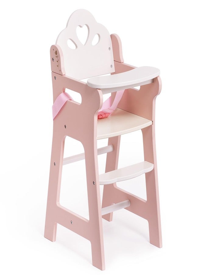 ROBOTIME High Chair for Pretend Play, Wooden Baby Doll Furniture with Safety Belt and Footrest, Fits 18 Inch Dolls, Gift for Ages 3+, White/Pink - Image 1