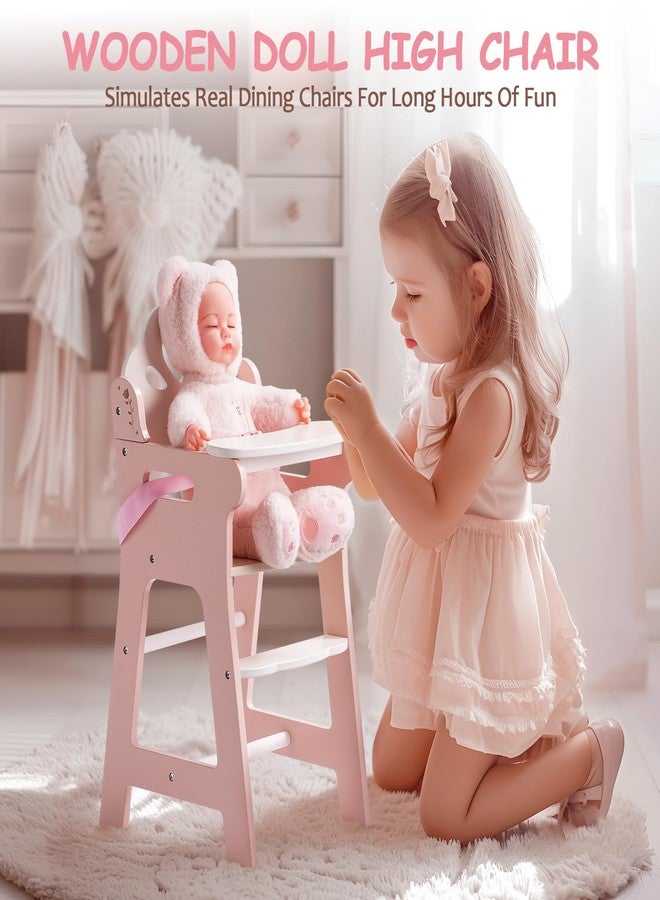 ROBOTIME High Chair for Pretend Play, Wooden Baby Doll Furniture with Safety Belt and Footrest, Fits 18 Inch Dolls, Gift for Ages 3+, White/Pink - Image 4