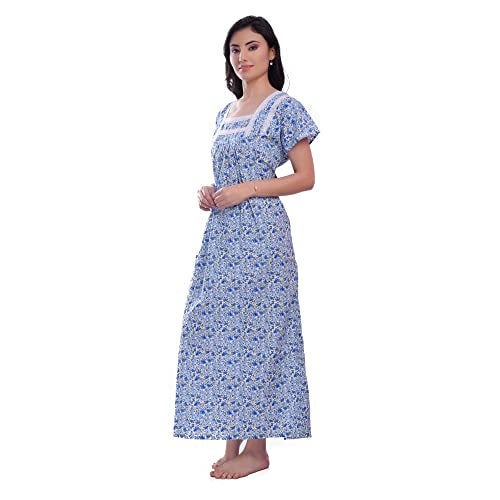 CIERGE Women's Cotton Lace Solid Color Maxi Nighty (Pack Of 2) (Yellow & Blue Floral, Cotton) - Image 2