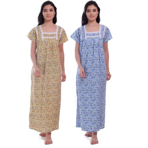 CIERGE Women's Cotton Lace Solid Color Maxi Nighty (Pack Of 2) (Yellow & Blue Floral, Cotton) - Image 1