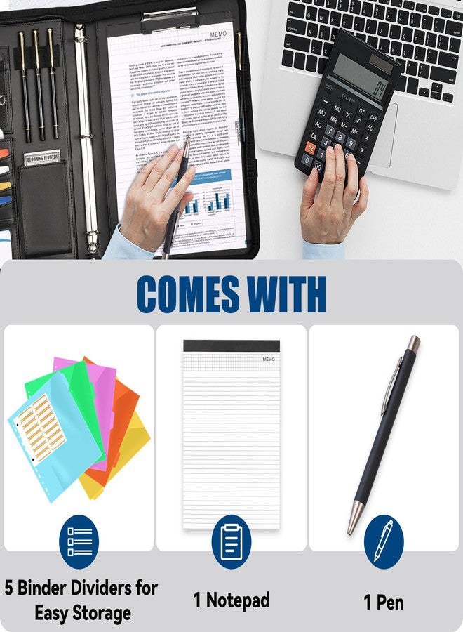 NATISERAUM Portfolio Binder 3 Ring Includes Pen and 5 Dividers with 10 Pockets, Padfolio Organizer with Zipper for Men and Women, Includes A4 Notepad for Business, School, Work - Image 3