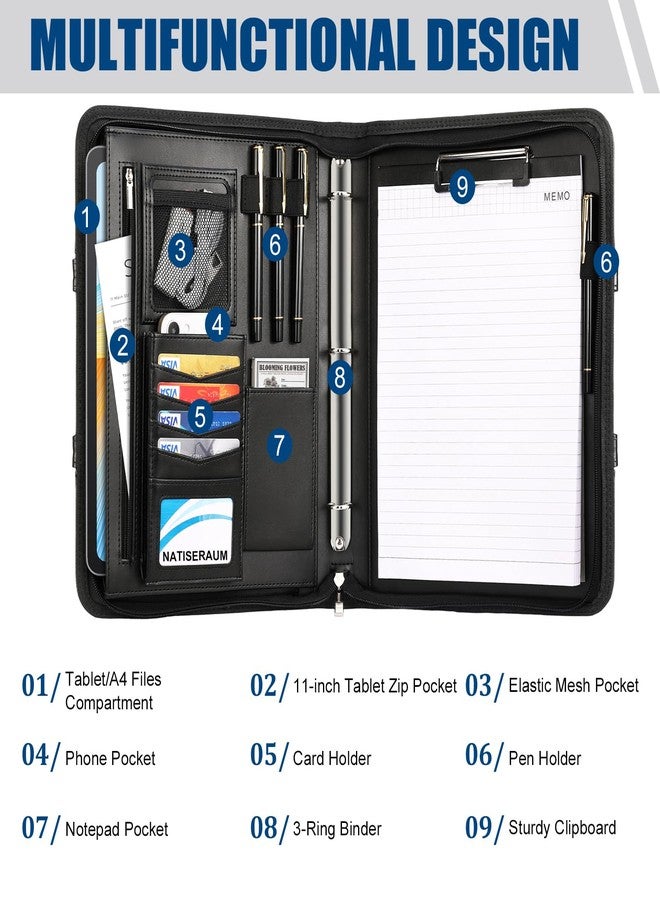 NATISERAUM Portfolio Binder 3 Ring Includes Pen and 5 Dividers with 10 Pockets, Padfolio Organizer with Zipper for Men and Women, Includes A4 Notepad for Business, School, Work - Image 5