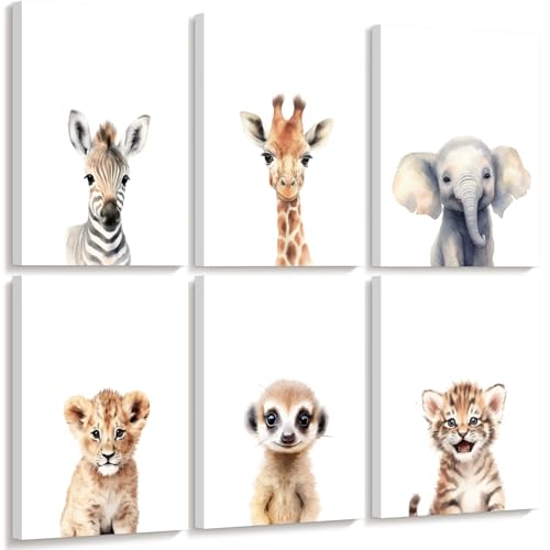 Joocrise Safari Nursery Wall Art Decor Set of 6 Baby Animal Wall Art Kids Canvas Wall Art Safari Nursery Pictures Jungle Animal Prints Baby Boy Art Giraffe Painting for Room Bedroom 12x16 Inch Framed - Image 1