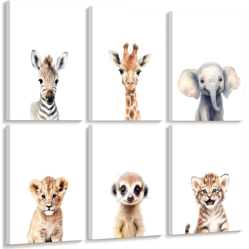 Joocrise Safari Nursery Wall Art Decor Set of 6 Baby Animal Wall Art Kids Canvas Wall Art Safari Nursery Pictures Jungle Animal Prints Baby Boy Art Giraffe Painting for Room Bedroom 12x16 Inch Framed - Image 2