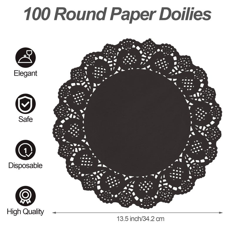 MCEAST 100 Pack Round Black Paper Doilies 13.5 Inches Lace Paper Place Mats Rustic Scallop Doily Disposable Table Pads for Food Cakes Crafts Party Weddings Tableware Decor - Image 2