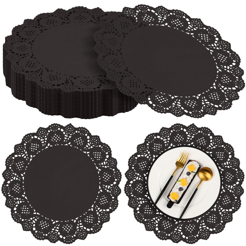 MCEAST 100 Pack Round Black Paper Doilies 13.5 Inches Lace Paper Place Mats Rustic Scallop Doily Disposable Table Pads for Food Cakes Crafts Party Weddings Tableware Decor - Image 1