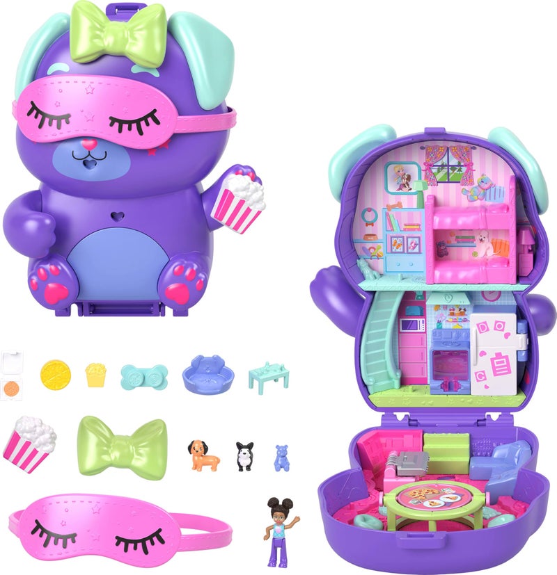 Polly Pocket Dolls and Playset, Sleepover Puppy Compact, Travel Toy with 1 Micro Doll, Pet Dogs, Food & Fashion Styling Accessories - Image 1