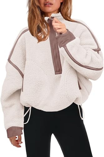 Panadila Womens Half Zip Sherpa Fleece Pullover Soft Oversized Sweatshirt with Pockets Warm Fuzzy Sweater (Beige,S) - Image 1