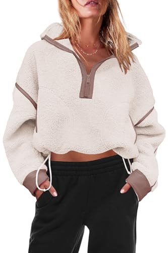 Panadila Womens Half Zip Sherpa Fleece Pullover Soft Oversized Sweatshirt with Pockets Warm Fuzzy Sweater (Beige,S) - Image 2