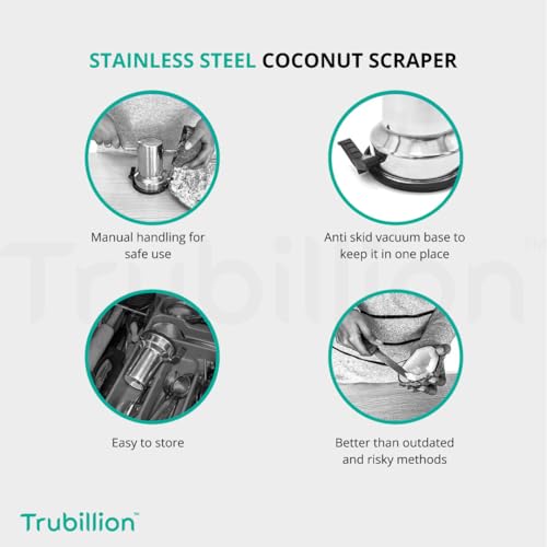 Trubillion CocoScrape Stainless Steel Coconut Scraper with Vacuum Base, Manual Rotating Handle, Sharp Blades, Non Skid, Dishwasher Safe, Rust Proof, Easy to Use, Compact Design, Made in India (Black) - Image 3