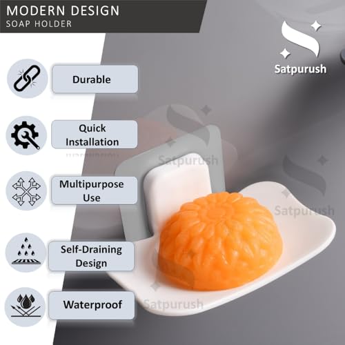 Satpurush Self-Adhesive Soap Holder for Bathroom (Pack of 2) Wall Mounted No-Drill Soap Stand with Water Drainage | Strong Sticker Plastic Soap Dish for Wash Basin & Kitchen (White) - Image 3