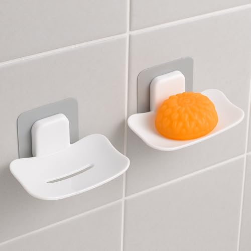 Satpurush Self-Adhesive Soap Holder for Bathroom (Pack of 2) Wall Mounted No-Drill Soap Stand with Water Drainage | Strong Sticker Plastic Soap Dish for Wash Basin & Kitchen (White) - Image 1