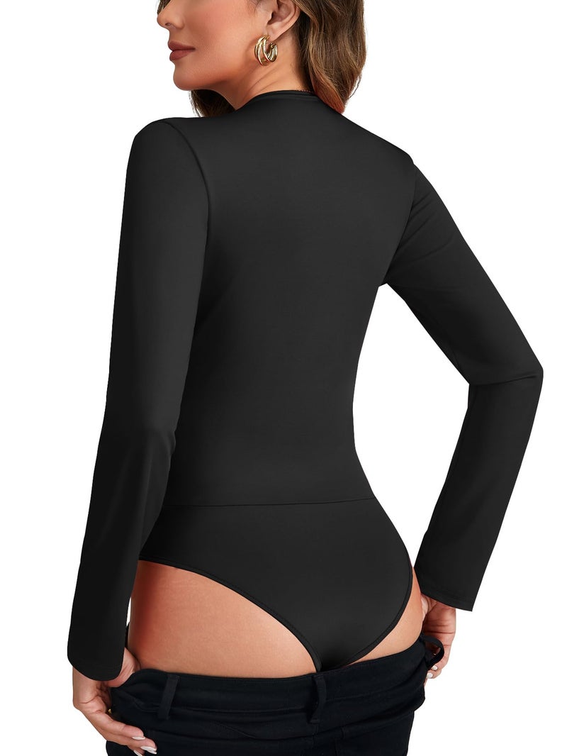 LYANER Women's Wraped V Neck Ruched Long Sleeve Leotard Bodysuit Top Black# Small - Image 3