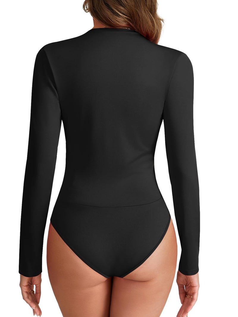 LYANER Women's Wraped V Neck Ruched Long Sleeve Leotard Bodysuit Top Black# Small - Image 5