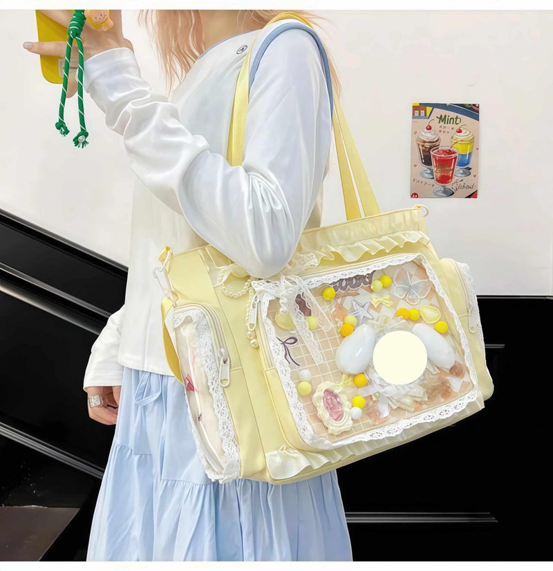 Winatehr cute kawaii ita bag crossbody tote bag, pin display with Insert bow large messenger bag crossbody, cute tote bags with zipper ruffle y2k, kpop japanese trendy purse aesthetic - Image 3