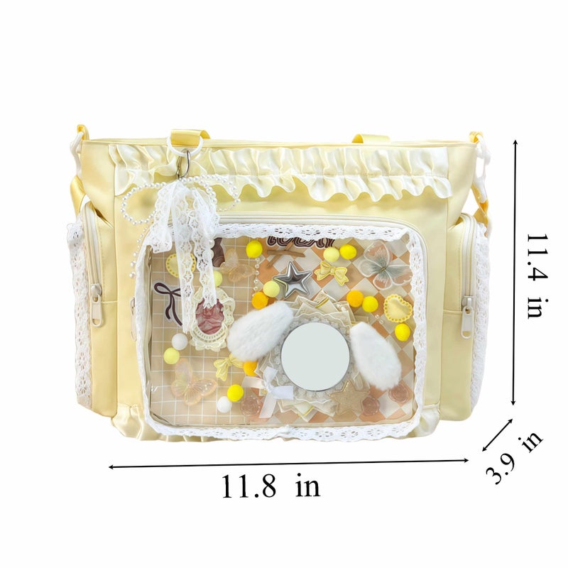 Winatehr cute kawaii ita bag crossbody tote bag, pin display with Insert bow large messenger bag crossbody, cute tote bags with zipper ruffle y2k, kpop japanese trendy purse aesthetic - Image 4