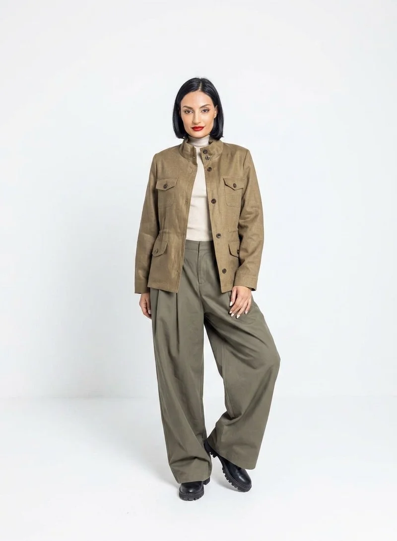 Bond Military Green Structured High-Waist Wide-Leg Pants