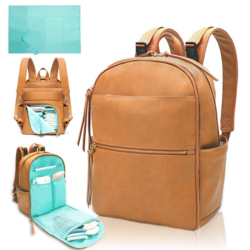 MOMINSIDE Diaper Bag Backpack with 6 Insulated Pockets Leather Baby Bag for Mom Dad Baby Registry 18 Pockets Changing Pad Stroller Straps Wet Dry Bag Biscuit