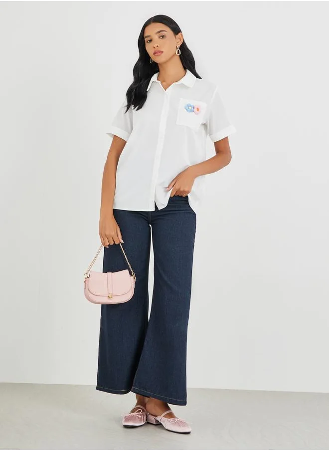 تايك تو Take Two Oversized Pocket Detail Floral Patch Shirt