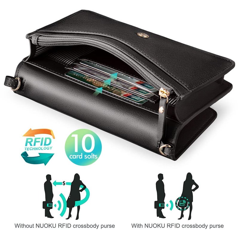nuoku Women Small Crossbody Bag Cellphone Purse Wallet with RFID Card Slots 2 Straps Wristlet, A- Black - Image 4
