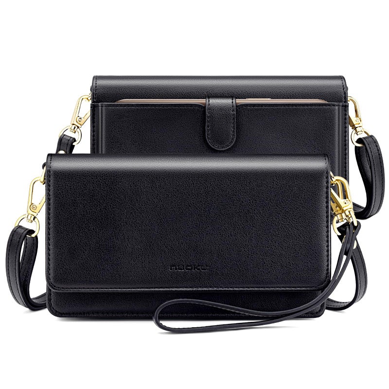 nuoku Women Small Crossbody Bag Cellphone Purse Wallet with RFID Card Slots 2 Straps Wristlet, A- Black - Image 1