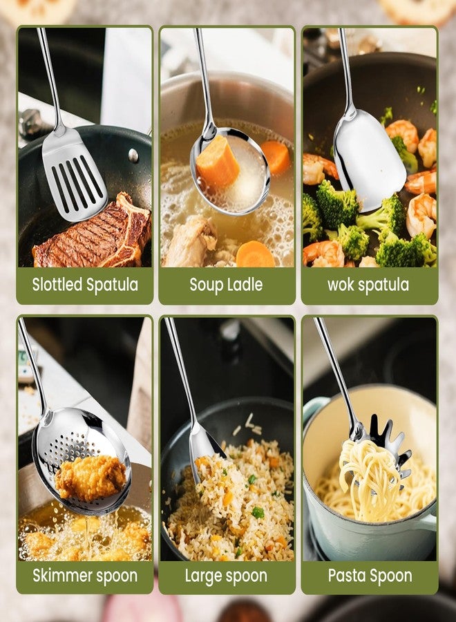 VALESKA 6PCS Stainless Steel Cooking Utensils Set,18/10 Metal Kitchen Utensils Set, Include Wok Spatula Stainless Steel,Metal Pasta Spoon and etc,Easy to Clean - Image 4