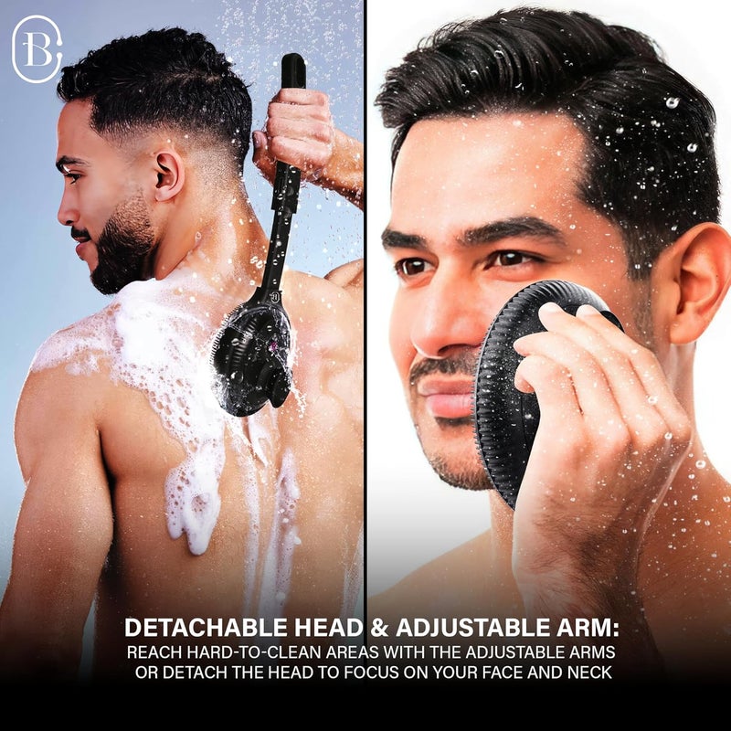 Bella Ciao Electric Shower Scrubber Silicone Body Scrubber with 4 Vibrating Modes Detachable Brush and Long Handle Waterproof Shower Body Brush Black - Image 2