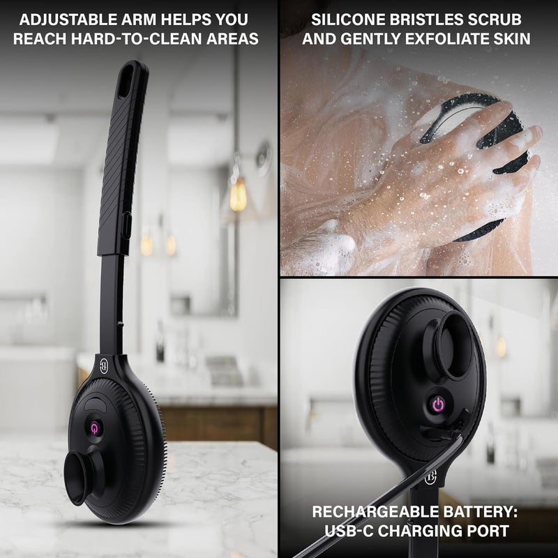 Bella Ciao Electric Shower Scrubber Silicone Body Scrubber with 4 Vibrating Modes Detachable Brush and Long Handle Waterproof Shower Body Brush Black - Image 3