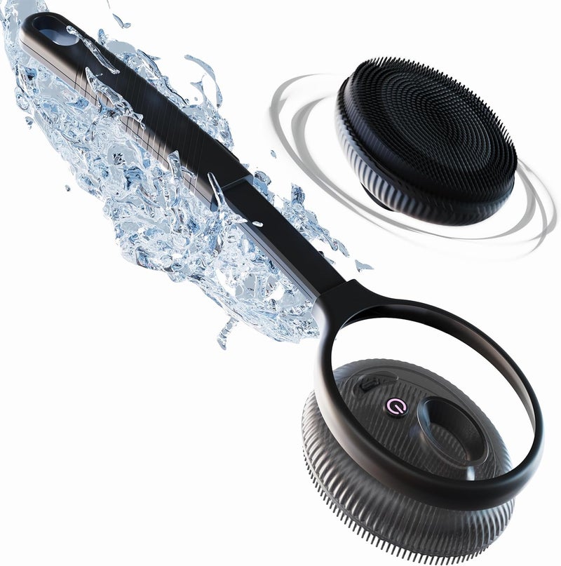 Bella Ciao Electric Shower Scrubber Silicone Body Scrubber with 4 Vibrating Modes Detachable Brush and Long Handle Waterproof Shower Body Brush Black - Image 1