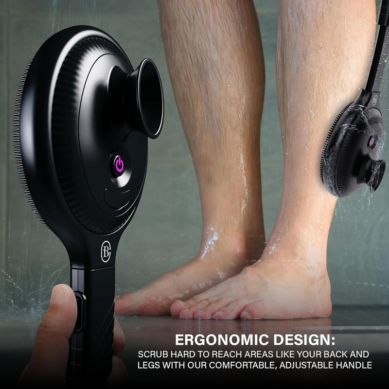 Bella Ciao Electric Shower Scrubber Silicone Body Scrubber with 4 Vibrating Modes Detachable Brush and Long Handle Waterproof Shower Body Brush Black - Image 5