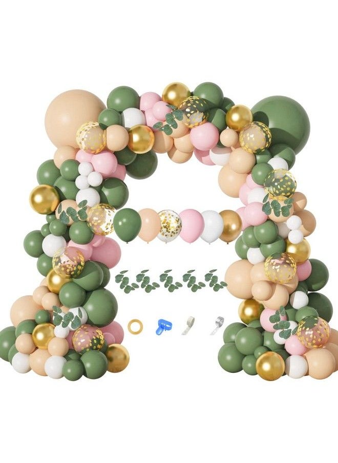 Amandir 166Pcs Sage Green Balloon Garland Arch Kit Olive Green Blush Peach White Gold Balloons Artificial Eucalyptus Stems Jungle Safari Baby Shower Birthday Party Baptism Decorations For Boys Girls  - Image 1