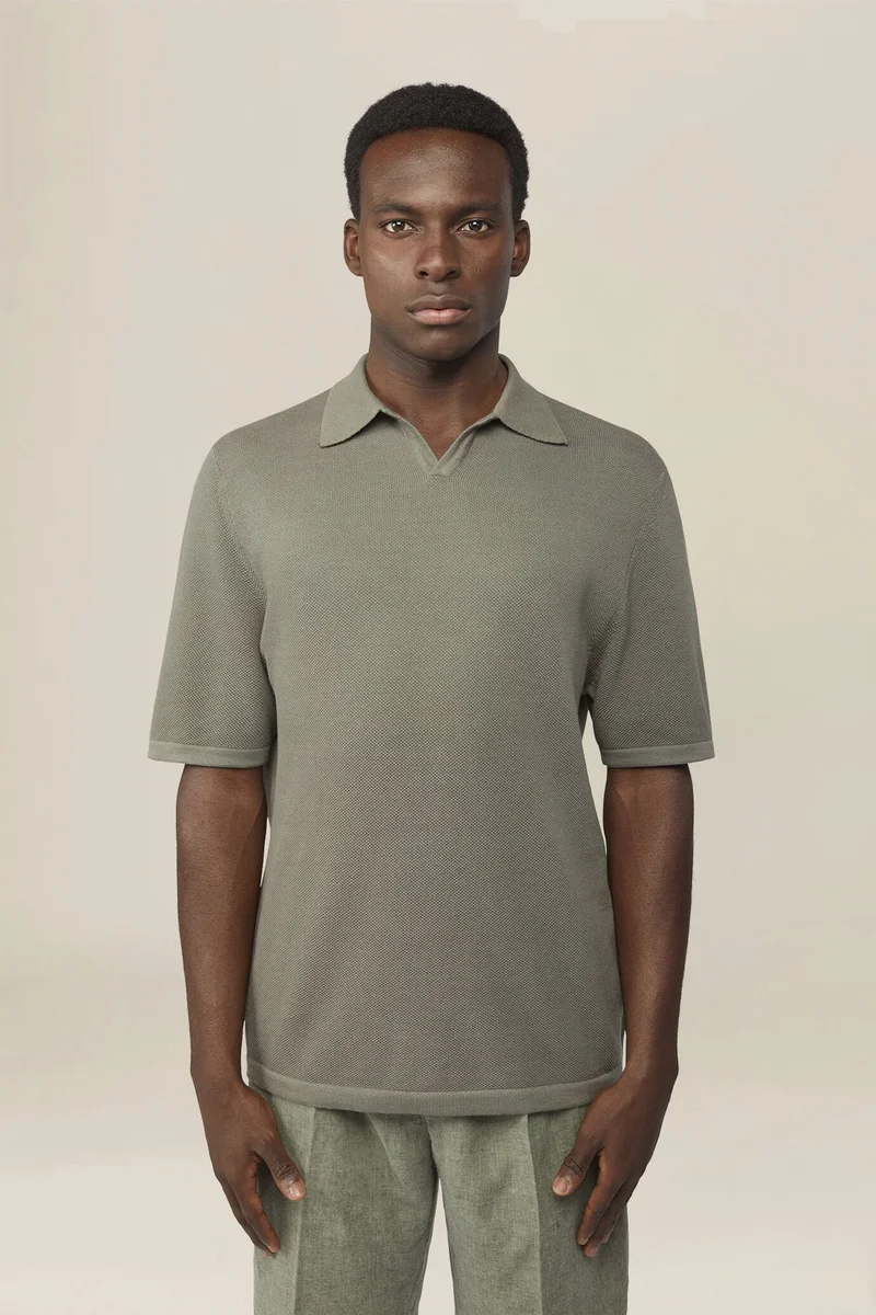 Men's polo shirt in 100% cotton honeycomb knit with Derby collar - Sage Green