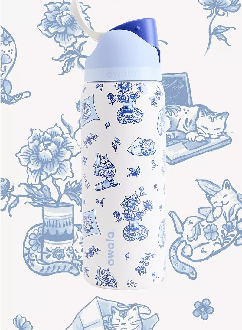 Owala FreeSip Insulated Stainless Steel Water Bottle, 32oz – Delft Cat Print, BPA-Free - Image 1