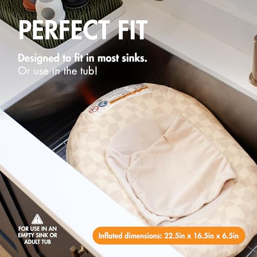 Boon Puff+ Inflatable Baby Bather - Portable Infant Bathtub Baby Bath Seat Includes Microfleece Cover, Swaddle Wings, and Storage Bag - Baby Tubs for Newborns - Portable Tub for Infants - Checker - Image 2