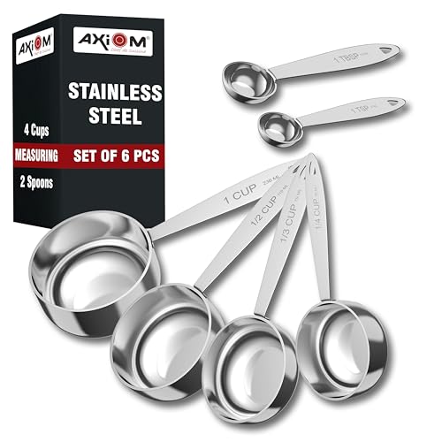 AXIOM Stainless Steel Measuring Set of 6 pcs. 4 Stackable Measuring Cups and 2 Stackable Measuring Spoons with Measurement Engraving Handle for Baking & Cooking - Image 1