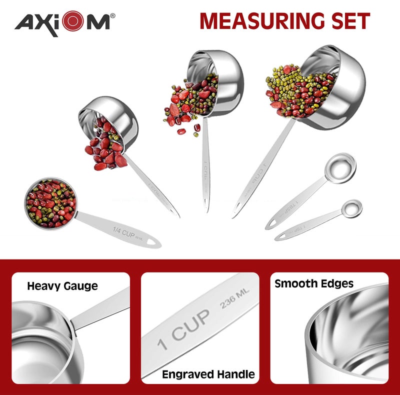 AXIOM Stainless Steel Measuring Set of 6 pcs. 4 Stackable Measuring Cups and 2 Stackable Measuring Spoons with Measurement Engraving Handle for Baking & Cooking - Image 3