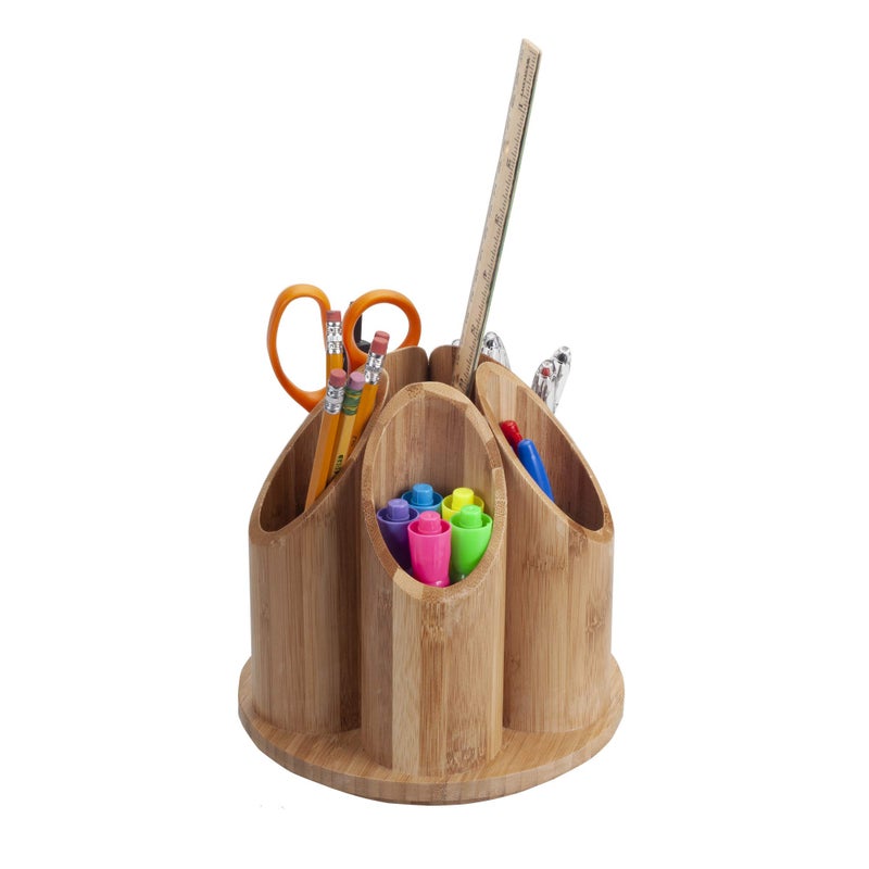 MobileVision Bamboo Rotating Office & Art Supply Organizer 5 Circular Compartments for Pens, Pencils, Highlighters, Markers, Scissors, Accessories & More - Image 2