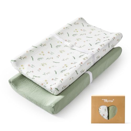 TILLYOU Muslin Changing Pad Cover for Baby Girls Boys Soft and Breathable Cotton Diaper Changing Table Cover 2 PackDaisy - Image 1