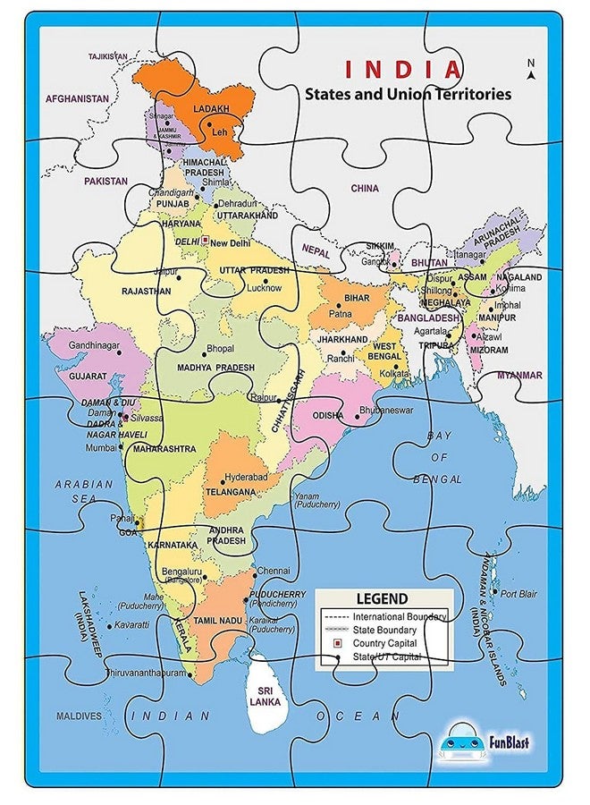 FunBlast India Map Jigsaw Puzzle - Puzzle for Kids, Jigsaw Puzzle for Kids, Educational and Learning Toy for Boys and Girls, Floor Puzzle for Kids of Age 3-5 Years - 24 Pcs (Multicolor) - Image 1