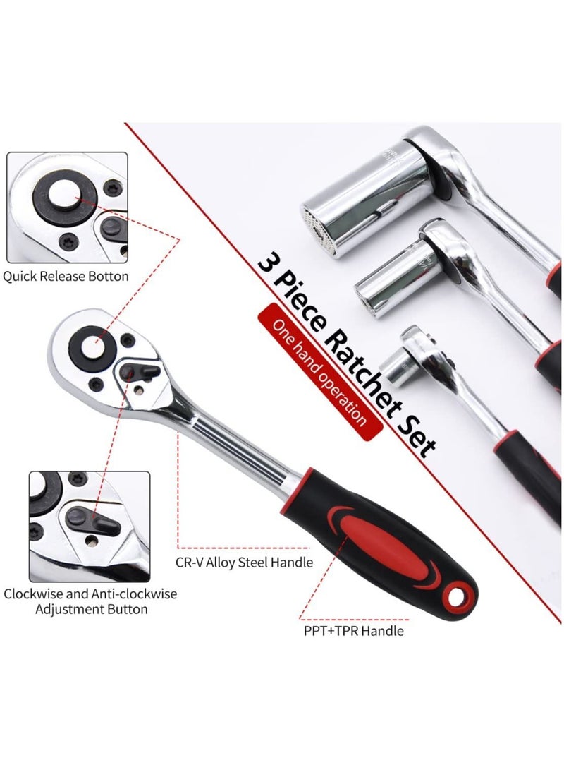 Y&D Ratchet Set, 3 Pcs Professional Heavy Duty Tool Durable Drive Wrench 1/4", 3/8",1/2", Quick-release Reversible Handle, Chrome Vanadium Steel Construction and Plated  - Image 4