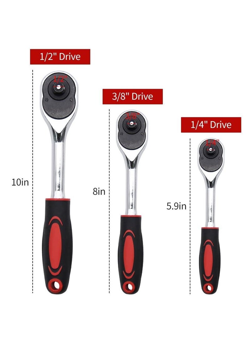 Y&D Ratchet Set, 3 Pcs Professional Heavy Duty Tool Durable Drive Wrench 1/4", 3/8",1/2", Quick-release Reversible Handle, Chrome Vanadium Steel Construction and Plated  - Image 2