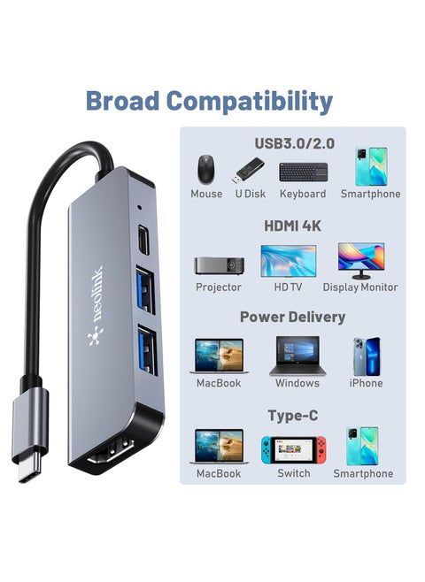 NEOLINK USB C Hub with 100W PD Charging, Type C to HDMI 4K30Hz Adapter, 2 USB A Data Ports, 1 USB C Port, Multiport Adapter Hub for MacBook Pro/Air, iPad/Air, iPhone 15 & 16 /Pro Max, HP, Dell , Mac HDMI Adapter, iMac, XPS, Chromebook, iPad Pro, Galaxy S21/S20/S10/S9/S8, Switch Dock and more