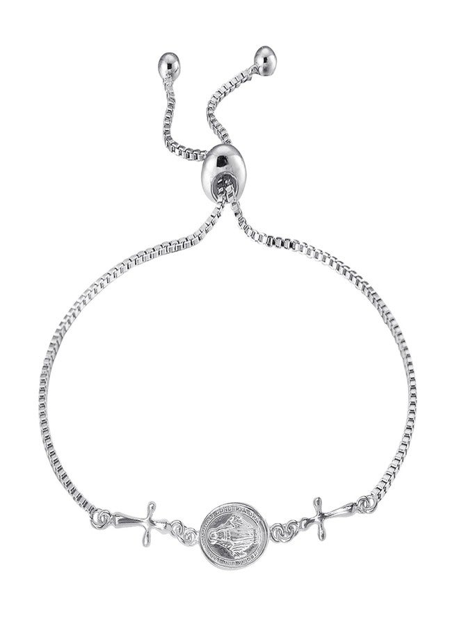 LeCalla 925 Sterling Silver Religious Bracelets for Women | Miraculous Medal & Cross Charm Bracelet | Adjustable Sliding Bolo Bracelet Jewelry Gifts - Image 1