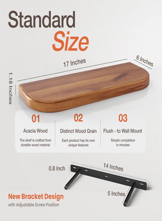 BATODA 17" Acacia Wood Floating Shelves Wall Mounted (Round Edge) – Rustic Farmhouse Wooden Wall Storage Shelf for Bedroom, Kitchen - Brackets and Shelving Hardware Included (Acacia Color) - Image 2