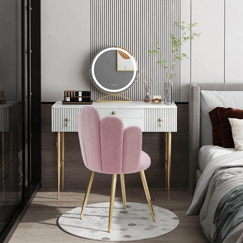 Bharat Bhavishya Bharat Bhavishya Vanity Chair for Makeup Room Midcentury Modern Accent Velvet Chair with Back Support Gold Legs for Living Room Bedroom Pink1 Pcs  - Image 4